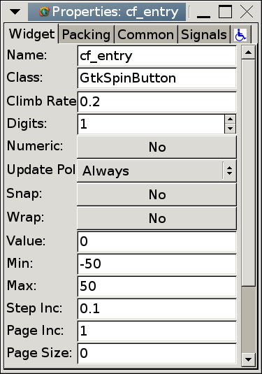 The Glade user interface designer: The widget properties dialog